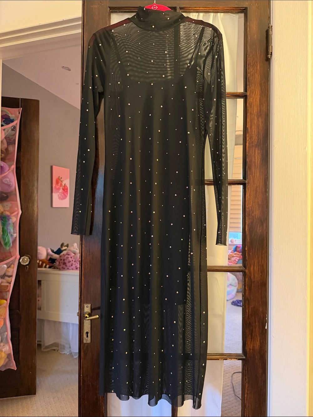 wild fable Black Sheer Midi Dress with Rhinestone Dots